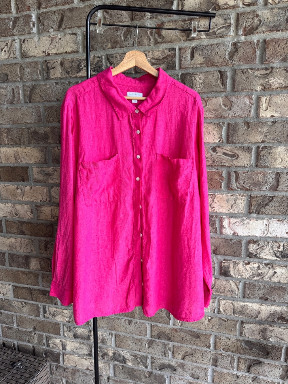Charter Club 100% Linen Hot Pink Button Front Shirt Womens 3X Relaxed Fit